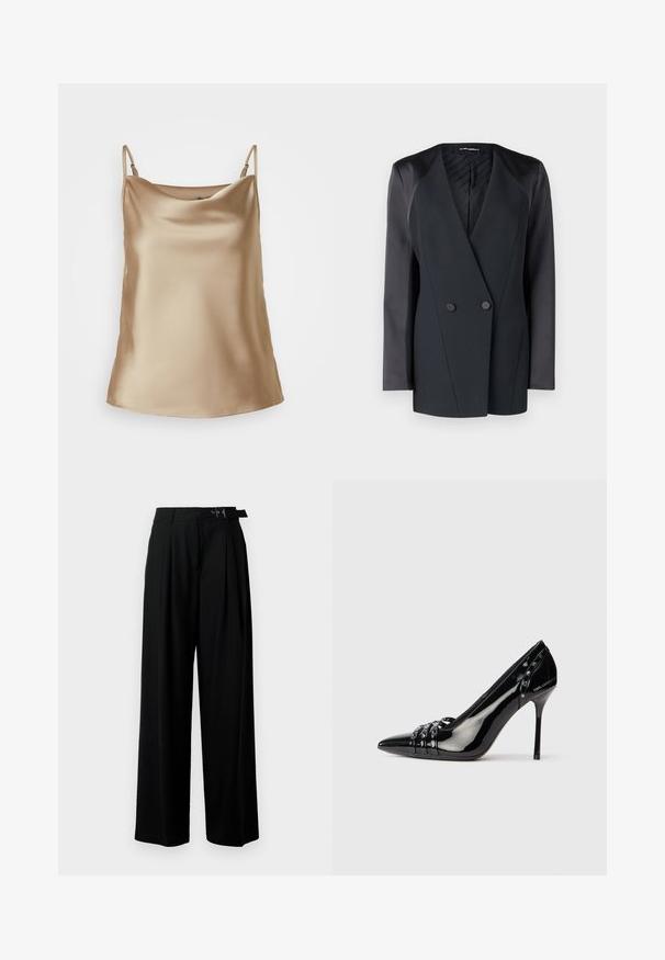 Blazer negro de doble botonadura con una silueta estructurada, acentos de satén en los hombros y un forro interior texturizado. Tela suave con líneas limpias.; Camisón de satén en beige claro con tirantes finos y un escote suavemente drapeado, que presenta una textura suave y brillante.; Pantalones de pierna ancha negros con cintura alta, pliegues en la parte delantera y un cinturón con hebilla. Confeccionados con una tela suave y liviana.; Zapato de tacón stiletto de charol negro con punta afilada, tres correas decorativas con tachuelas y la marca "Karl Lagerfeld" en el tacón.