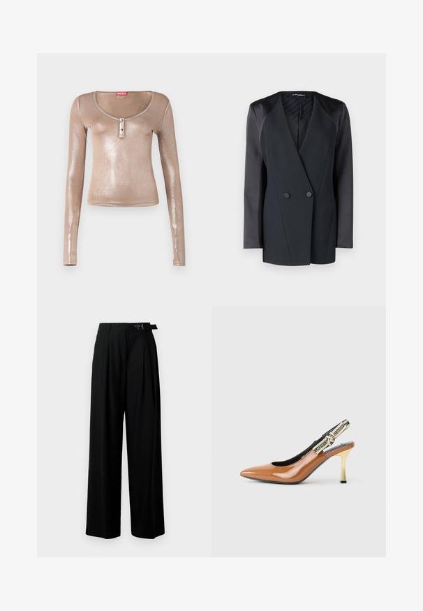 Černý dvouřadý blazer se strukturovaným střihem, saténovými ramenními detaily a texturovanou podšívkou. Hladká látka s čistými liniemi.; Halenka s dlouhým rukávem, přiléhavého střihu, vyrobená z metalického béžového materiálu, s výstřihem do véčka a tříknoflíkovou légou, z toho dva černé knoflíky.; Černé široké kalhoty s vysokým pasem, záhyby vpředu a páskem s přezkou. Vyrobené z hladké, lehké tkaniny.; Hnědé lakované kožené slingback lodičky, špičaté špičky, tenký zlatý podpatek, černý interiér, látkový pásek s logem na zadní straně.