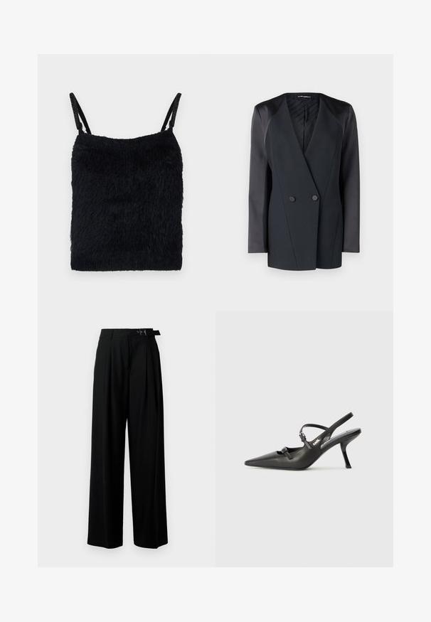 Crni dvostruko kopčani sako sa strukturom, satenskim detaljima na ramenima i teksturiranom unutrašnjosti. Glatka tkanina s urednim linijama.; Crna krznena tkanina s tankim trakama. Teksturirana površina, kvadratnog oblika i laganog dizajna. Jednostavna, monokromatska shema boja.; Crne široke hlače s visokim strukom, nabranima sprijeda i remenom s kopčom. Izrađene od glatkog, laganog materijala.; Crne kožne štikle sa otvorenom petom, s uskim vrhom i dekorativnom kopčom na gornjem dijelu. Glatka tekstura i elegantan dizajn.