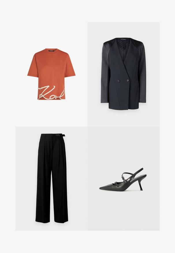 Blazer doppiopetto nero con silhouette strutturata, accenti in satin sulle spalle e fodera interna testurizzata. Tessuto liscio con linee pulite.; T-shirt in cotone color ruggine con maniche corte e collo rotondo, caratterizzato dalla grafica bianca con la firma "Karl" sul davanti. Texture liscia.; Pantaloni neri a gamba larga con vita alta, pieghe nella parte anteriore e una cintura con fibbia. Realizzati in tessuto liscio e leggero.; Scarpe slingback nere in pelle con punta affilata, tacco sottile e dettaglio decorativo a fibbia sulla tomaia. Texture liscia e design elegante.