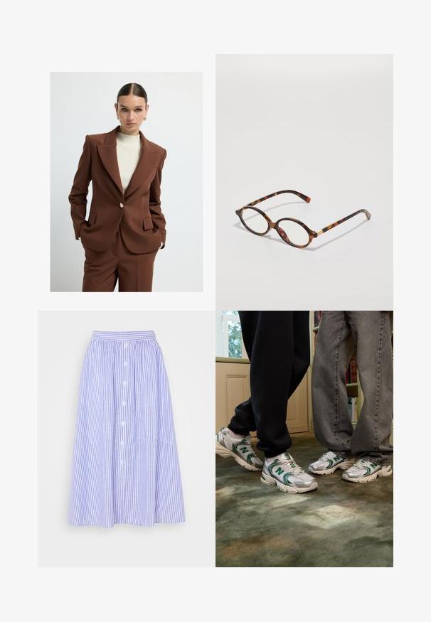 Blazer marrón a medida con solapas afiladas, cierre de un solo botón y bolsillos laterales, combinado con una blusa de color crema con textura acanalada. Textura suave.; Camiseta de tirantes blanca con textura acanalada, presenta tirantes anchos y un diseño ajustado, combinada con pantalones negros de cintura alta y un cinturón negro.; Falda de rayas azul claro y blanca, de largo medio, con cintura acampanada, botonadura frontal y textura sutil.; Zapatillas blancas y plateadas con acentos verdes y logo de "N". Materiales sintéticos y malla texturizada, diseñadas para el confort.; Gafas de tortuga con montura ovalada, lentes claros y detalles en dorado. Presentan patillas curvadas y un acabado suave y brillante.; Reloj de cuarzo rectangular Casio con esfera plateada, acentos dorados, correa de cuero negro con relieve de cocodrilo y función resistente al agua.