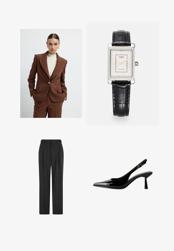 Brun skräddarsydd kavaj med skarpa slag, en knappstängning och sidofickor, ihop med en ribbad krämfärgad topp. Slät textur.; Vit ribbad linne med breda axelband och en åtsittande design, parat med högmidjade svarta byxor och ett svart bälte.; Svarta nålforstrumpor med hög midja, plisserad framsida och rak bendesign. Tyget verkar strukturerat och skräddarsytt för ett formellt utseende.; Svart lackläder slingback pumps med spetsig tå, urklippta sidor, justerbart vristband och en tunn, elegant klack.; Casio rektangulär kvartsur med silverfärgad urtavla, guldaccenter, svart krokodilpräglat läderrem och vattentålig funktion.