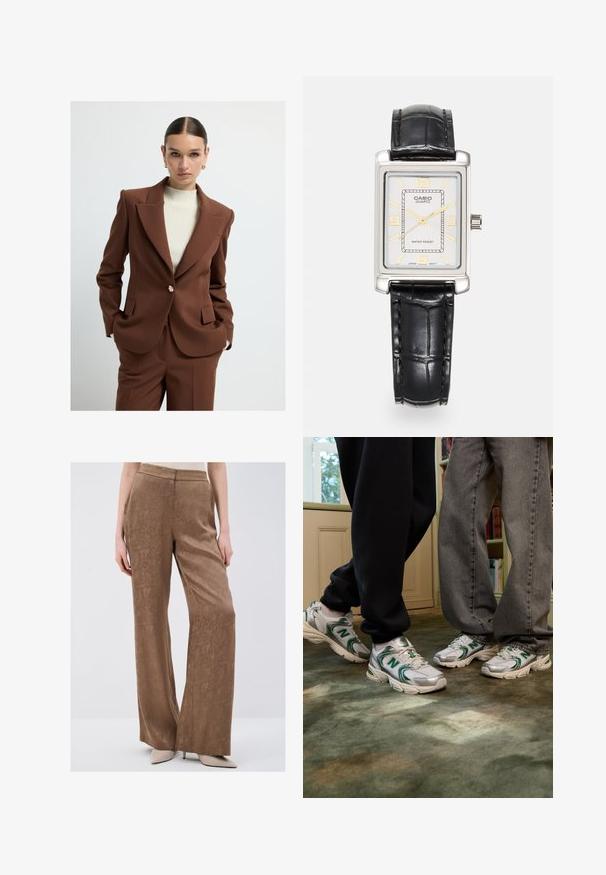 Blazer marron ajusté avec des revers nets, fermeture à un bouton et poches latérales, associé à un haut crème côtelé. Texture lisse.; Débardeur blanc à côtes, doté de larges bretelles et d'une coupe ajustée, associé à un pantalon noir taille haute et à une ceinture noire.; Pantalons marron à jambes larges en tissu texturé avec un motif subtil. Ils présentent une taille lisse et tombent lâchement des hanches.; Baskets blanches et argentées avec des accents verts et un logo "N". Matériaux en maille texturée et synthétiques, conçus pour le confort.; Montre quartz rectangulaire Casio avec un cadran argenté, des accents dorés, un bracelet en cuir noir gaufré crocodile, et résistant à l'eau.