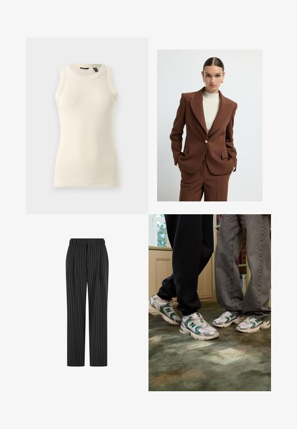 Hnědý dobře střižený blejzr s ostrými klopy, jednořadým zapínáním a bočními kapsami, v kombinaci s ribbovaným krémovým topem. Hladká textura.; Krémový top bez rukávů vyrobený z žebrované látky; má kulatý výstřih a obepínající siluetu s jemnou texturou.; Černé pruhované kalhoty s vysokým pasem, skládáním na přední straně a rovnými nohavicemi. Tkanina vypadá strukturovaně a je ušita pro formální vzhled.; Bílé a stříbrné tenisky s zelenými akcenty a logem "N". Texturovaná síťovina a syntetické materiály, navržené pro pohodlí.