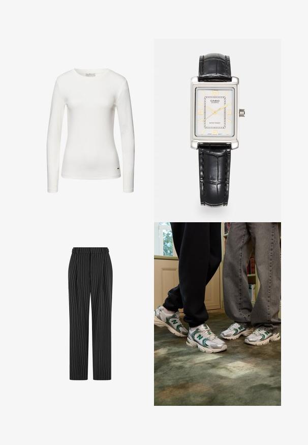 Brauner taillierter Blazer mit scharfen Revers, Ein-Knopf-Verschluss und seitlichen Taschen, kombiniert mit einem gerippten cremefarbenen Oberteil. Glatte Textur.; Langärmliges weißes T-Shirt aus weicher Baumwolle. Mit Rundhalsausschnitt und kleinem Akzentlogo nahe dem Saum. Glatte Textur, taillierte Passform.; Schwarze Nadelstreifenhose mit hoher Taille, gefaltetem Vorderteil und geradem Bein. Der Stoff wirkt strukturiert und ist maßgeschneidert für einen formellen Look.; Weiße und silberne Sneaker mit grünen Akzenten und "N"-Logo. Strukturiertes Mesh- und synthetisches Material, entworfen für Komfort.; Rechteckige Quarzarmbanduhr von Casio mit silbernem Zifferblatt, goldenen Akzenten, schwarzem krokodilprägt Lederarmband und wasserdichter Eigenschaft.