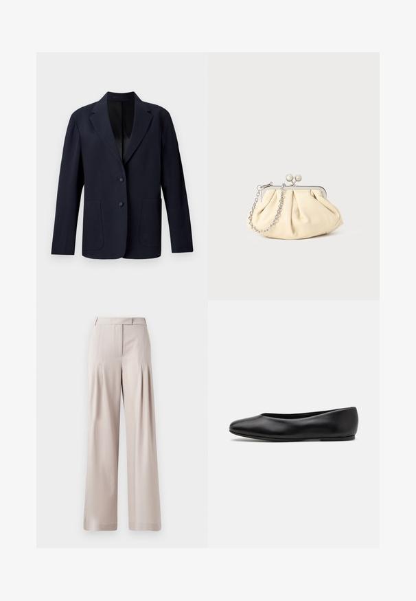 Námořnický blazer s texturovaným vzorem, jednořadým střihem, špičatými klopami, dvěma předními kapsami a dvěma knoflíkovými zapínáními.; Černý pletený svetr s dlouhými rukávy, kulatým výstřihem a malým bílým srdíčkem na hrudi. Měkká textura a žebrované manžety a spodní lem.; Béžové široké kalhoty s hladkou texturou, plisovaným předním designem a zakázkovým pasem. Vhodné pro formální i neformální nošení.; Paul Smith TOPANGA - Klasické baleríny - black; Plisovaná béžová kožená kabelka na psaní s rámem ze stříbrného kovu, vybavená dvěma kulatými dekorativními uzávěry a stříbrným řetízkem.