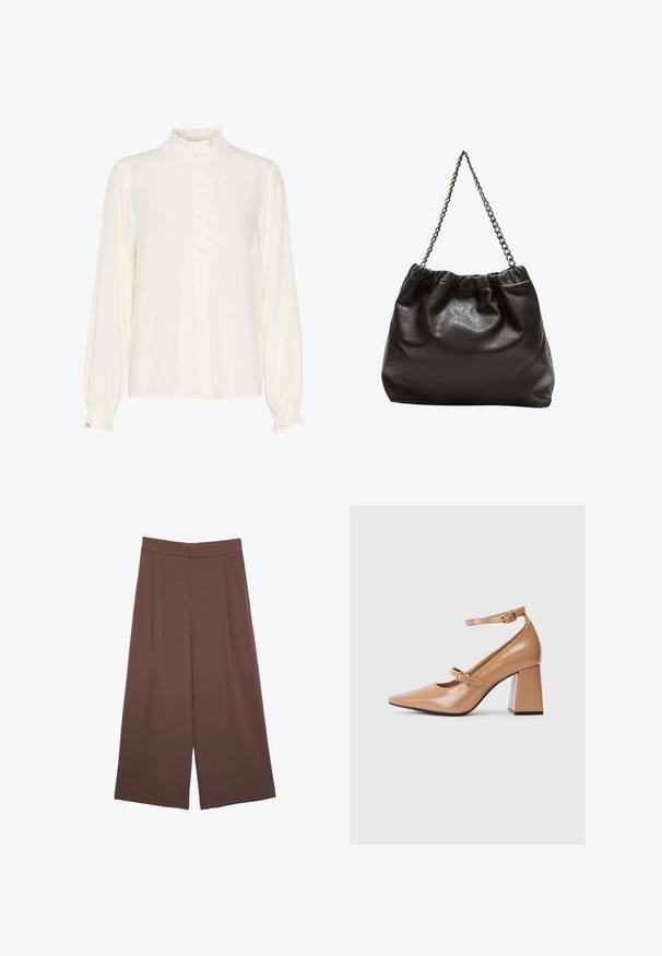 Blazer marrone doppiopetto realizzato in tessuto liscio, con revers a punta, due tasche frontali e un design elegante e su misura.; Blusa bianca in tessuto morbido, con colletto alto arricciato, chiusura frontale con bottoni e maniche lunghe con polsini arricciati.; Pantaloni ampi marroni con una texture liscia, caratterizzati da una vita alta e pieghe frontali. Il tessuto è leggero e scorre liberamente.; Décolleté in vernice beige con punta affusolata, cinturino alla caviglia e tacco squadrato chunky. Texture liscia con finitura lucida.; Borsa in pelle marrone con parte superiore arricciata e tracolla a catena. Texture liscia con finitura lucida e dettagli di cucitura sottili sui lati.