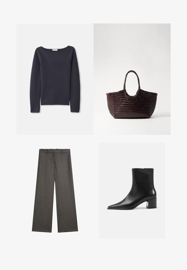 Skrojona szara marynarka w prążki, wykonana z miękkiego materiału, z klapami w kształcie litery V, dwoma przednimi kieszeniami i zapięciem na jeden guzik.; Granatowy sweter z długim rękawem, szerokim dekoltem, miękką fakturą i luźnym krojem. Charakteryzuje się minimalnym przeszyciem i brakiem widocznych zapięć.; Spodnie o szerokich nogawkach w ciemnoszarym kolorze, z subtelnym wzorem w prążki. Wykonane z gładkiego materiału, z płaskim przodem i szlufkami na pasek.; Czarne skórzane botki za kostkę z wydłużonym noskiem, gładką fakturą i średnim obcasem w kształcie słupka. Minimalistyczny design, zamek błyskawiczny z tyłu.; Torebka na ramię w kolorze brązowym, pleciona, z zaokrąglonym wierzchem i dwoma uchwytami. Posiada teksturowany wzór oraz szeroką, otwartą strukturę, co ułatwia dostęp.; Trzy wzajemnie przeplatające się pierścienie wykonane z polerowanego srebra, zdobione licznymi diamentami szlifu kwadratowego osadzonymi w oprawie z zębami.
