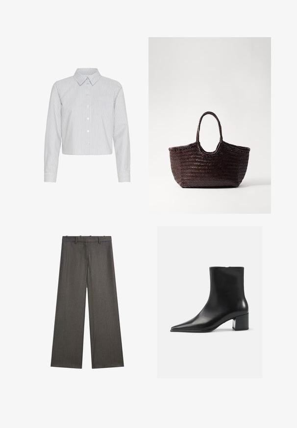Skræddersyet grå blazer med striber lavet af blødt stof, med spidse revers, to forlommer og en enkelt knaplukning.; Beskarlet knap-up skjorte i hvid med lodrette marineblå striber, med krave og en enkelt brystlomme. Lange ærmer med manchet-detalje.; Bredde bukser i mørkegrå med et subtilt stribet mønster. Lavet af et glat stof med flad front og bæltestropper.; Sort læder ankelstøvle med spidse tæer, glat tekstur og mellemhøj blokhæl. Minimalistisk design, lynlås lukning bagpå.; Vævet brun tote taske med en afrundet top og to håndtag. Har et struktureret mønster med en bred, åben struktur for nem adgang.; Tre sammenflettede ringe lavet af poleret sølv, med flere firkantede diamanter indlagt i en kløftindstilling.