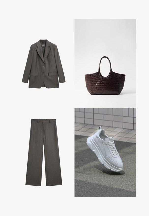 Tailored gray pinstriped blazer made of soft fabric, featuring a notched lapel, two front pockets, and a single button closure.; Massimo Dutti RIBBED CREW NECK - Jumper - LIGHT BROWN; Wide-leg trousers in dark gray, featuring a subtle pinstripe pattern. Made of a smooth fabric with a flat front and belt loops.; White leather sneaker with a thick, textured rubber sole, featuring lace-up closure and stitching details. Rounded toe and ankle support design.; Woven brown tote bag with a rounded top and two handles. Features a textured pattern with a wide, open structure for easy access.; Three interlocking rings made of polished silver, featuring multiple square-cut diamonds set in a prong setting.