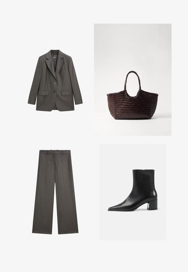 Op maat gemaakte grijze pinstripe blazer van zacht stof, met een notch-kraag, twee voorzakken en een enkele knoopsluiting.; Massimo Dutti RIBBED CREW NECK - Trui - LIGHT BROWN; Wijdvallende broek in donkergrijs, met een subtiel streepdessin. Gemaakt van een gladde stof met een platte voorkant en riemlussen.; Zwarte leren enkellaars met een spitse neus, een soepele textuur en een middenblokhak. Minimalistisch ontwerp, ritssluiting aan de achterkant.; Geweven bruin tote bag met een afgeronde bovenkant en twee handvatten. Heeft een gestructureerd patroon met een brede, open constructie voor gemakkelijke toegang.; Drie in elkaar grijpen ringen van gepolijst zilver, met meerdere vierkante diamanten gezet in een zetting met klauwen.