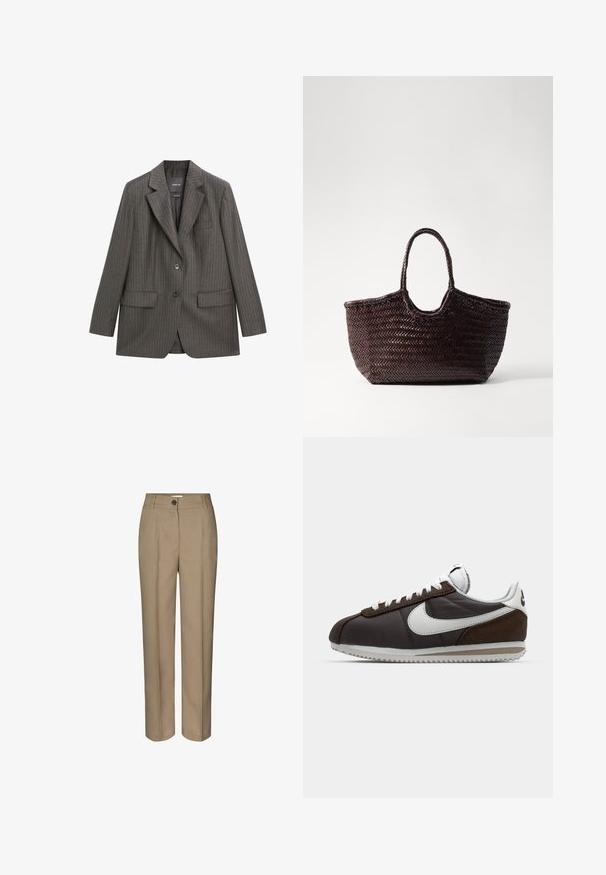 Upravený šedý pruhovaný blazer vyrobený z měkké látky, s klopovým límcem, dvěma předními kapsami a zapínáním na jeden knoflík.; Massimo Dutti RIBBED CREW NECK - Svetr - LIGHT BROWN; Béžové kalhoty na míru se střihem rovného nohavice, s jedním knoflíkem a čistými předními záhyby. Vyrobené z hladké látky.; Hnědé a šedé tenisky Nike s bílými akcenty; kožené a semišové materiály; texturované podrážky; šedé tkaničky; klasický retro design.; Woven hnědá taška s kulatým vrcholem a dvěma rukojeťmi. Obsahuje texturovaný vzor s širokou, otevřenou strukturou pro snadný přístup.; Tři provázané prsteny vyrobené z leštěného stříbra, zdobené několika čtvercovými diamanty zasazenými v drátovém osazení.