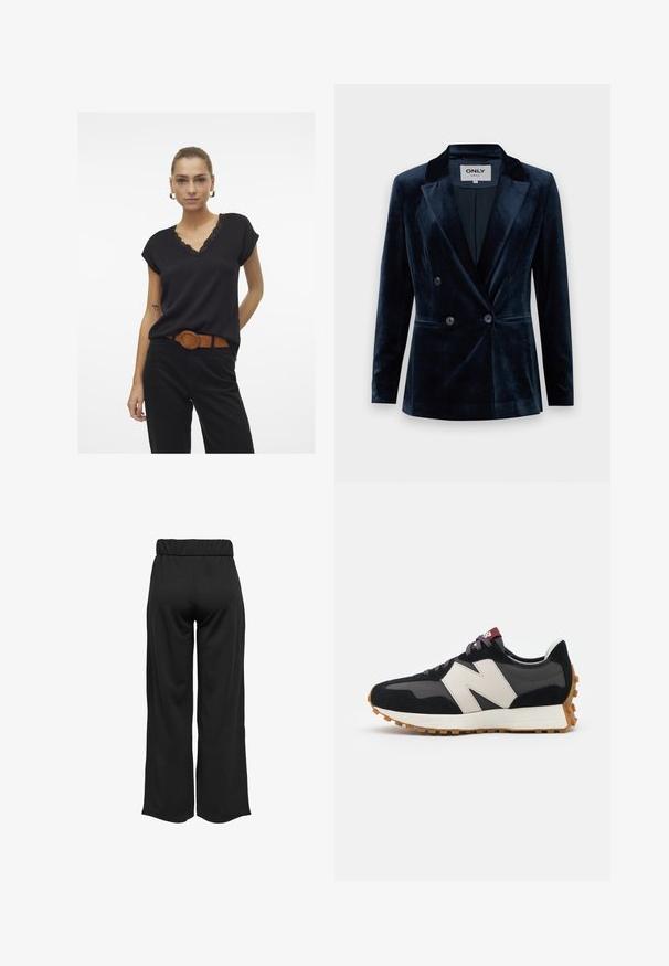 ONLY ONLASTRID ELSY FIT - Bleiseri - night sky; Mustat puserot, joissa on lyhyet hihat, V-pääntie pitsireunalla, pehmeää kangasta, yhdistettynä korkeavyötäröisiin mustiin housuihin ja ruskeaan vyöhön.; Mustat, leveälahkeiset housut, joissa on joustava vyötärö, valmistettu sileästä kankaasta. Ominaisuuksia ovat puhdas muotoilu ilman taskuja tai näkyviä ompelusaumoja.; Mustat ja harmaat mokkakenkä, jossa on suuri kermanvärinen "N"-logo, violetit nauhat ja teksturoitu kumipohja.