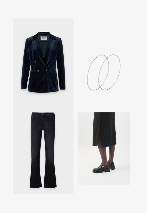 ONLY ONLASTRID ELSY FIT - Blazer - night sky; Schwarzes, ärmelloses Oberteil mit einem strukturierten geometrischen Muster, aus einem glitzernden Stoff gefertigt. Verfügt über einen runden Halsausschnitt und eine figurbetonte Silhouette.; Schwarze Bootcut-Jeans aus Denim, mit einem mittelhohen Bund, Verzierungen auf der Vorderseite und einem klassischen Fünf-Taschen-Design.; Schwarze Lederschuhe mit abgerundetem Zeh, dicker Blockabsatz und elastischen seitlichen Akzenten, kombiniert mit dunklen Strumpfhosen und einem schwarzen Rock mit Schlitz.; Silberne Creolen mit minimalistischem Design. Rundform, glatte Oberfläche und dünnes Profil. Leichtgewichtig mit hochglänzender Oberfläche.