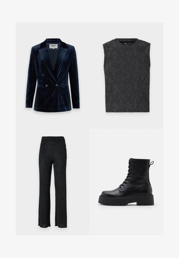 ONLY ONLASTRID ELSY FIT - Suknjič - night sky; Črna brezrokavna majica z teksturiranim geometrijskim vzorcem, izdelana iz svetlikajočega materiala. Ima okroglo izrez in oprijet kroj.; Črne, svetleče pletene hlače s širokimi nogavicami in elastičnim pasom; odlikuje jih mehka tekstura in subtilni sijoči detajli po celotni površini.; Črne usnjene gležnjarje z okroglo konico, vezalnim sprednjim delom in debelim gumijastim podplatom z teksturiranim profilom. Zanka na hrbtni strani.