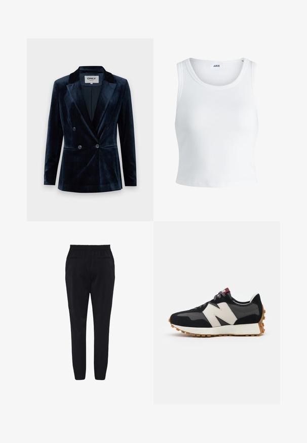 ONLY ONLASTRID ELSY FIT - Blejzer - night sky; Biely rebrovaný tielko s okrúhlym výstrihom, bez rukávov a krátkou dĺžkou. Štítok znie "JJXX." Hladká textúra látky.; Čierne nohavice so zúženým strihom, elastickým pásom a dvoma zadnými vreckami. Hladká textúra, žiadne viditeľné vzory ani kovové doplnky.; Čierne a sivé semišové tenisky s veľkým krémovým logom "N", fialovými šnúrkami a textúrovanou gumovou podrážkou.