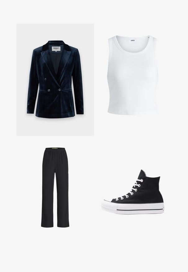 ONLY ONLASTRID ELSY FIT - Bleiseri - night sky; Valkoinen ribbattu hihaton toppi, jossa on pyöreä pääntie ja lyhyt malli. Tunnuslukuna lukee "JJXX". Sujuva kangas.; Mustat leveälahkeiset housut, joissa on joustava vyötärö, valmistettu pehmeästä kankaasta, joka on sileä ja löysä lahkeiden osalta.; Korkean ylösulkeutuvan mustan kankaan lenkkitossun, jossa on valkoiset rei'itykset, nauhat ja kumipohja. Sisältää teksturoituneen kärkitilan ja musta-valkoiset raidat.