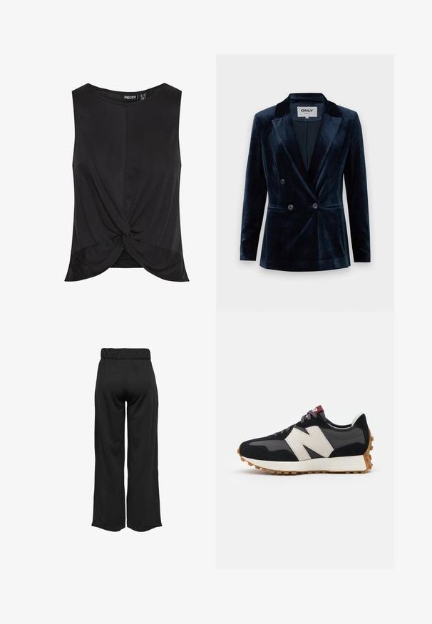 ONLY ONLASTRID ELSY FIT - Bleiser - night sky; Musthave musta ilma varrukatopp, millel on ees keerduv sõlm, valmistatud siledast, kergest kangast ja lõdvema lõikega.; Mustad, laiad püksid elastse vöökohtaga, valmistatud siledast kangast. Omab lihtsat disaini, ilma taskute või nähtavate õmbluste detailideta.; Mustmust ja halli nubukist tennisajal on suur kreemjas "N" logo, lilla paelad ja tekstureeritud kummist välispohja.