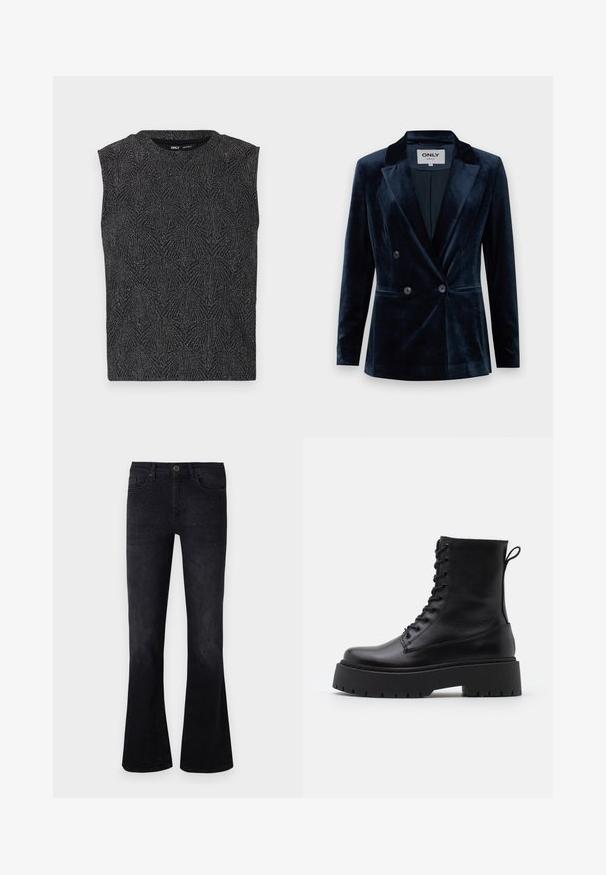 ONLY ONLASTRID ELSY FIT - Suknjič - night sky; Črna brezrokavna majica z teksturiranim geometrijskim vzorcem, izdelana iz svetlikajočega materiala. Ima okroglo izrez in oprijet kroj.; Črne razširjene kavbojke iz denima, s srednjim pasom, okrasnimi elementi spredaj in klasičnim dizajnom s petimi žepi.; Črne usnjene gležnjarje z okroglo konico, vezalnim sprednjim delom in debelim gumijastim podplatom z teksturiranim profilom. Zanka na hrbtni strani.