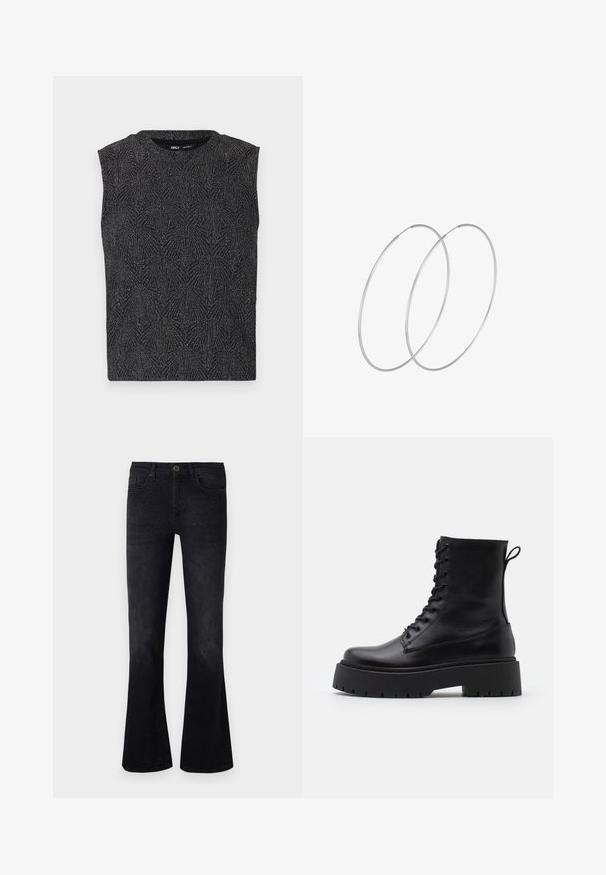 ONLY ONLASTRID ELSY FIT - Bleiseri - night sky; Musta hihaton paita, jossa on teksturoitu geometrinen kuvio, valmistettu kimaltelevasta kankaasta. Varusteena pyöreä pääntie ja tiukka siluetti.; Mustat leveälahkeiset farkut, jotka on valmistettu denimistä, keskikorkean vyötärön myötä, koristeltuina etupuolelta ja klassisella viiden taskun muotoilulla.; Musta nahkainen nilkkureita, joissa on pyöreä kärki, nauhakiinnitys edessä ja paksu kumipohja, jossa on teksturoitu pinta. Takana vetotappi.; Hopehope hopeilla, joissa on minimalistinen muotoilu. Pyöreä muoto, sileä pinta ja ohut profiili. Kevyet ja kiillotetut.