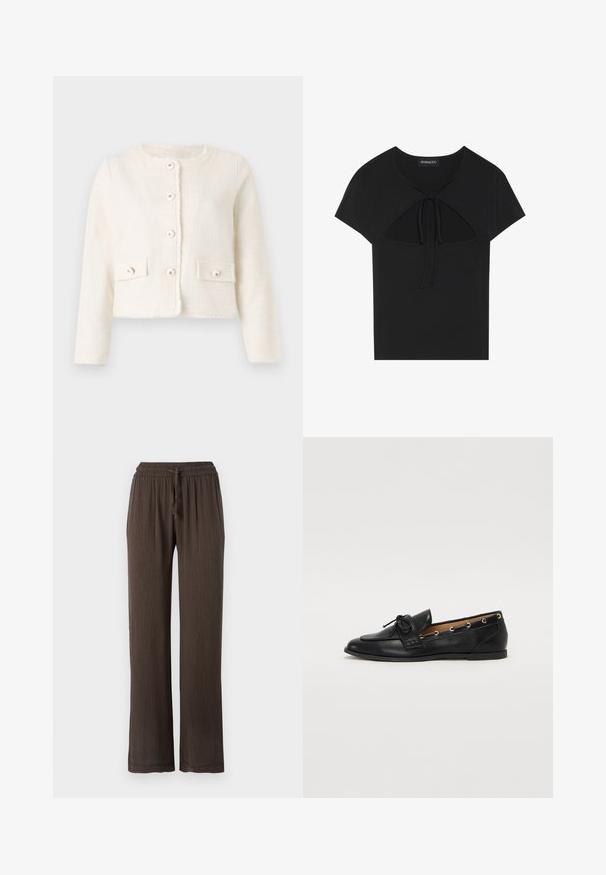 Jachetă albă scurtă confecționată dintr-un material texturat, având un guler rotund, închidere frontală cu nasturi și două buzunare aplicate cu nasturi.; Top negru cu mâneci scurte și decolteu rotund, prezentând un detaliu decupat și închidere cu fundiță în față. Confeționat dintr-un material moale și ușor.; Pantaloni largi maro cu talie elastică și șnur. Material texturat cu un model de dungi verticale. Picioare drepti.; Mocasini din piele neagră cu fundiță legată, având accente aurii sub formă de ochiuri pe laterale și o talpă plată din cauciuc. Textură netedă, design clasic.