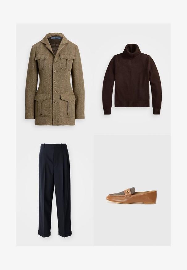 Καφέ σακάκι από καρό τσόχα με γιακά, δύο τσέπες στο στήθος και δύο πλαϊνές τσέπες. Διαθέτει κλείσιμο με κουμπί και δομημένη εφαρμογή.; Καφέ, χοντρό πλεχτό πουλόβερ με ψηλό γιακά και κορδόνι. Διαθέτει μακριά μανίκια και άνετη εφαρμογή, φτιαγμένο από μαλακό υλικό.; Ναυτικό, ψηλόμεσο παντελόνι από λείο ύφασμα. Διαθέτει σχέδιο πτυχών και διπλωμένα μανίκια για κομψή εμφάνιση.; Καστανές δερμάτινες λοφίδες με υφή από καφέ ύφασμα και χρυσή μεταλλική λεπτομέρεια. Στενός προφίλ και ραμμένες λεπτομέρειες στα πλάγια.