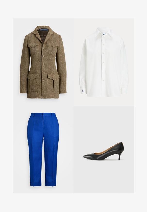Hnědá herringbonová tweedová bunda s límcem, dvěma náprsními kapsami a dvěma bočními kapsami. Obsahuje zapínání na knoflíky a strukturovaný střih.; Bílá košile s dlouhými rukávy, klasickým límcem a malým modrým logem na manžetě. Hladká bavlněná tkanina, strukturovaný střih.; Modré lněné kalhoty se rovný střih, hladkým materiálem, manžetami na spodním okraji a předními sklady pro upravený vzhled.; Černé kožené lodičky s špičatou špičkou, nízkým podpatkem a hladkým povrchem. Mají mírné otevření vpředu a minimální kovové prvky na zadní straně.