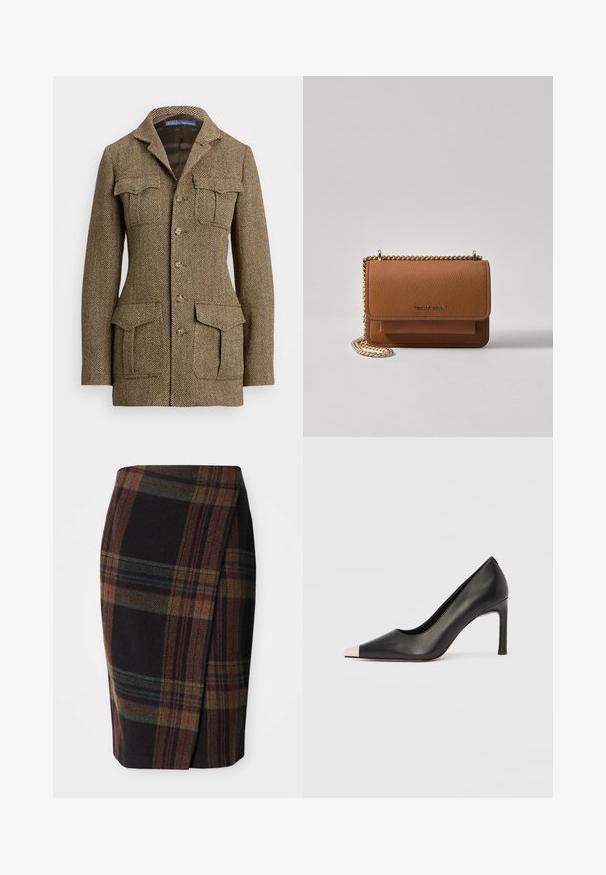 Barna halszálkás tweed zakó, gallérral, két mellzsebbel és két oldalzsebbel. Gombos záródás és struktúrált szabás jellemzi.; Fehér, hosszú ujjú, gombos ing, sima anyagból készült, klasszikus gallérral és visszafogott fényű felülettel, lekerekített hem és gomb részletekkel.; Sötét színű, kockás ceruzaszoknya, vízszintes és függőleges mintázattal. Gyapjúból készült, oldalhasítékkal a kényelmes mozgás érdekében.; Fekete bőr magas sarkú cipő hegyes orral és fém ezüst orrtippel. Simább kivitelű, karcsú, 10 cm-es sarokkal.; Barna textúrájú bőr keresztbody táska arany lánc pánttal és fedélzárral. Az elején logó részlet és egy zseb található a fedél alatt.