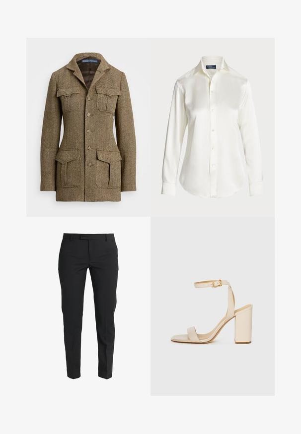 Pruun herringbone'tikandiga villane jakk, millel on krae, kaks rinna-taskut ja kaks küljetaskut. Omab nööpidega kinnitamist ja struktureeritud lõiget.; Valge pikkade varrukatega nööstatud särk, valmistatud siledast kangast, klassikalise kraega ja delikaatse sära ning ümarate servade ja nööbiga detailidega.; Mustad kohandatud püksid, mis on valmistatud siledast kangast, kitsas lõikega, sirgete jalgadega, küljetaskute ja lameda eesosa ning lukuga. ; Beez värvi kõrge kontsaga sandaal ruudukujulise varba, peene pahkluu rihma ja plokknupuga. Sile nahk текстuur kuldse pandlaga detailiga.