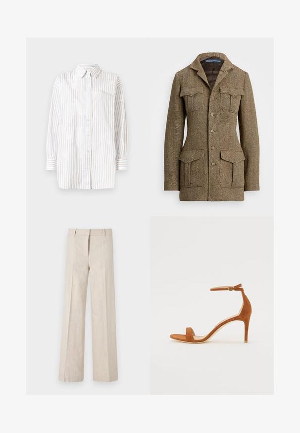 Καφέ σακάκι από καρό τσόχα με γιακά, δύο τσέπες στο στήθος και δύο πλαϊνές τσέπες. Διαθέτει κλείσιμο με κουμπί και δομημένη εφαρμογή.; Πουκάμισο με κουμπιά και μακριά μανίκια, με κατακόρυφες ρίγες σε λευκό, ανοιχτό μπλε και ανοιχτό ροζ. Ελαφρύ ύφασμα με γιακά.; Μπεζ παντελόνι σε άνετη γραμμή από ελαφρύ ύφασμα, με λεία υφή και καθαρές πτυχώσεις μπροστά. Η μέση είναι ραμμένη με βρόχους ζώνης.; Καφέ σουέτ ψηλοτάκουνη σαγιονάρα με λεπτή βραχιολάκι στον αστράγαλο με χρυσό κούμπωμα, ανοιχτό μπροστινό μέρος και κομψό, μινιμαλιστικό σχέδιο.