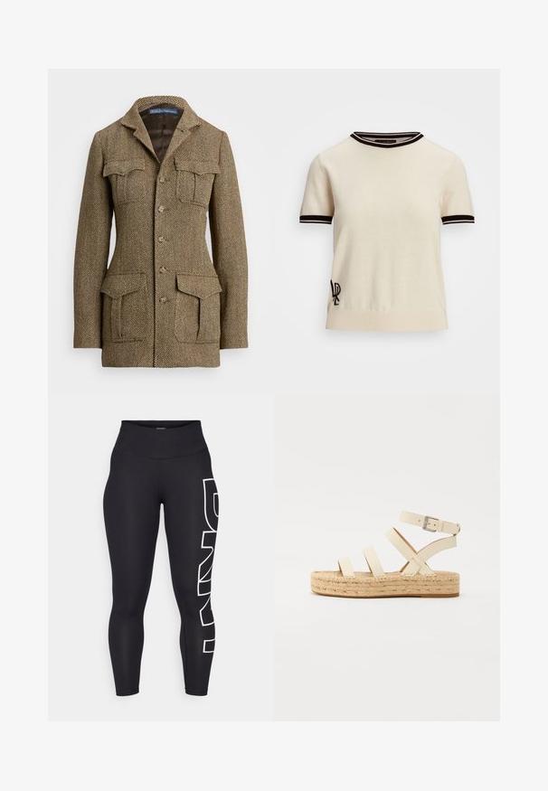 Brun herringbone tweedjakke med krave, to brystlommer og to sidelommer. Har knaplukning og struktureret pasform.; Kortærmet striktrøje i creme med sorte ribbede krave- og manchet-accenter. Har broderet logo på nedre venstre side.; Sorte leggings lavet af strækbart stof med høj talje. Har et stort hvidt logo trykt lodret på venstre ben. Glat tekstur.; Lys beige læder espadrille sandal med fire krydsende stropper og en ankelspænde, der har en vævet jutesål og flad gummisål.