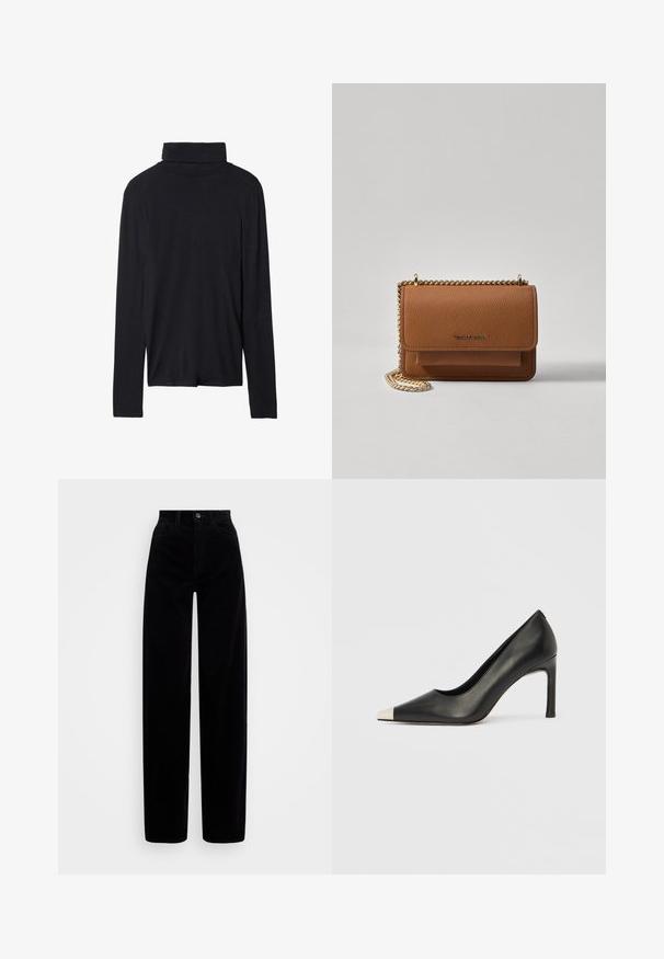 Brązowa marynarka z tweedu w wzór jodełkowy, z kołnierzem, dwiema kieszeniami na piersi i dwiema kieszeniami bocznymi. Posiada zapięcie na guziki oraz dopasowany krój.; Czarny top z długim rękawem i golfem o dopasowanym kroju, gładkiej teksturze i wysokim kołnierzu, z przeszytymi brzegami i bez widocznych wzorów.; Czarne spodnie w pudełkowym kroju z wysokim stanem, szerokimi nogawkami oraz pojedynczym zapięciem na guzik z przodu. Gładka struktura z pionowymi żłobieniami.; Czarny skórzany but na wysokim obcasie z ostrym noskiem i metaliczną srebrną nasadką. Posiada gładkie wykończenie i smukły obcas o wysokości 10 cm.; Brązowa skórzana torba na ramię z teksturą, z złotym łańcuszkiem i zapięciem na klapkę. Z przodu znajduje się detal z logo oraz kieszeń pod klapką.
