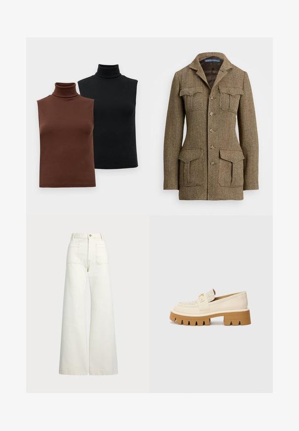 Barna halszálkás tweed zakó, gallérral, két mellzsebbel és két oldalzsebbel. Gombos záródás és struktúrált szabás jellemzi.; Két ujjatlan, bordázott garbó felső barna és fekete színben, egy sima fehér háttéren kiállítva.; Széles szárú farmernadrág off-white denim anyagból. Magas derekú dizájn, gombos záródással, két elülső zsebbel és kontrasztos varrási részletekkel.; Bézs loaferek texturált krémszínű pánttal, masszív barna talppal, amelyen fogszerű minták találhatók. Arany részlet az övcsat kiemelésén.