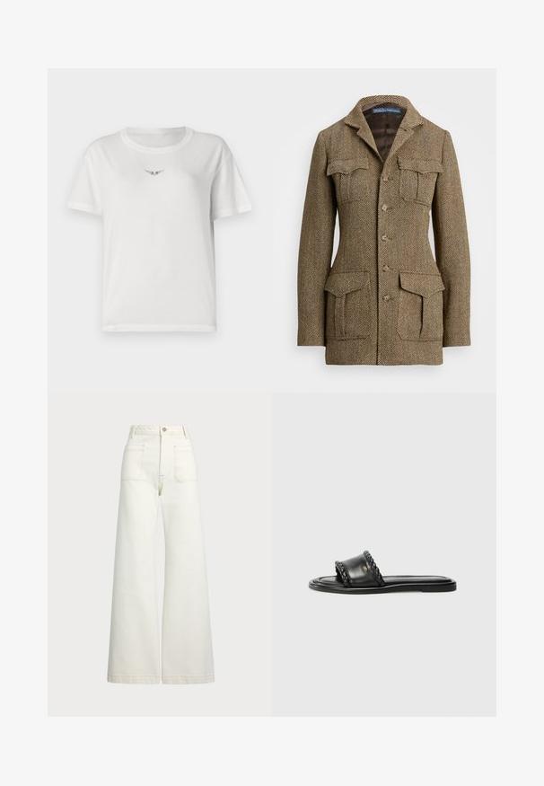Rudas herringbone audinio švarkas su apykakle, dviem krūtinės kišenėmis ir dviem šoninėmis kišenėmis. Yra mygtukų užsegimas ir struktūrizuotas siluetas.; Baltas medvilnės marškinėliai su trumpomis rankovėmis, turintys mažą juodą sparnuotą dizainą ant krūtinės ir klasikiniu apvaliu iškirpimu.; Plati kojinės džinsai of white denimo. Aukštas liemuo, su mygtuko uždarymu, dviem priekinėmis kišenėmis ir kontrastingai siuvinėjimu.; Juodos odinės šlepetės su pintais dirželių detalėmis, plokščiu padu ir elegantišku dizainu. Sklandži tekstūra ir minimalistiška forma.