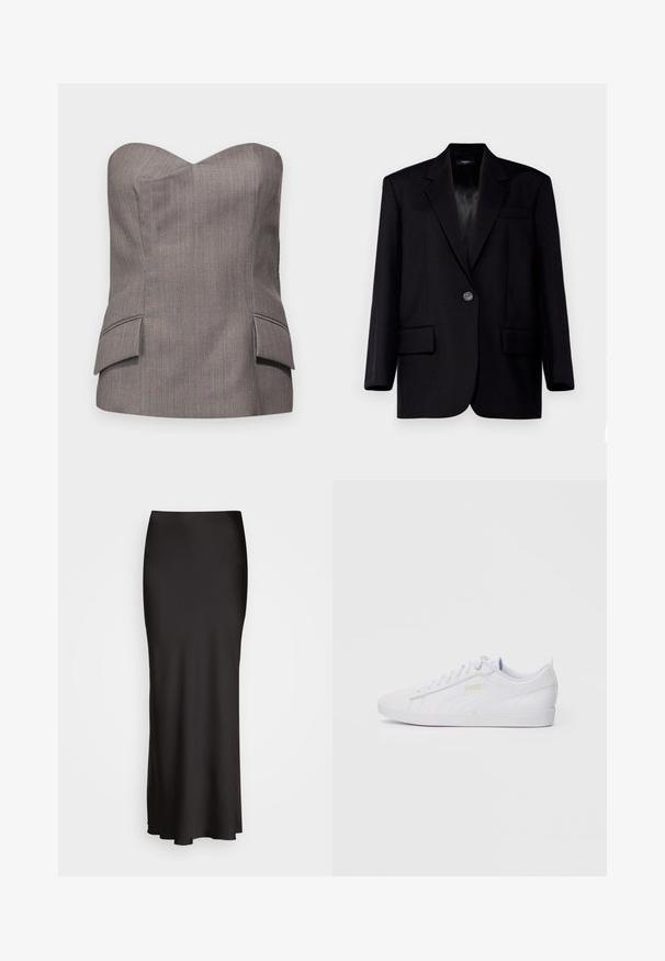 WEEKEND MaxMara BRAVO - Blazer - nero; Grijze strapless top met een gestructureerd ontwerp, voorzien van subtiele verticale streepjes en twee voorkwamen met gestikte accenten.; Witte korte mouwen T-shirt van katoen. Ronde hals ontwerp met een soepele textuur en geen zichtbare patronen of accenten. Basisstijl.; Zwarte, vloerlange satijnen rok met een gladde textuur, een aansluitende tailleband en een A-lijn silhouet, zonder zichtbare versieringen of patronen.; Witte lage Puma sneakers met gevlochten veters, subtiele branding aan de zijkant en onderzijde, en een gladde synthetische bovenkant voor casual gebruik.