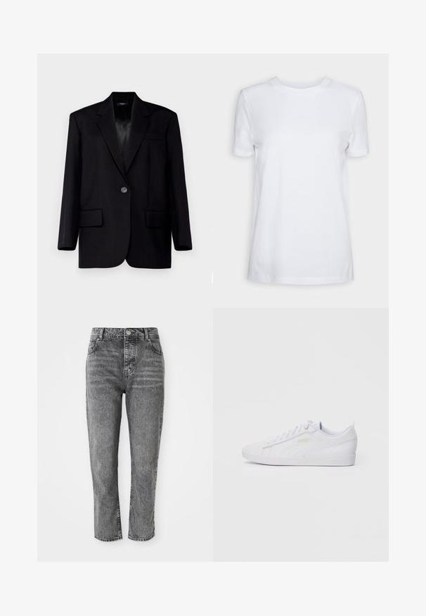 Weekend Max Mara BRAVO - Sacou - nero; Tricou alb cu mânecă scurtă din bumbac. Design cu gât rotund, cu o textură netedă și fără modele sau accente vizibile. Stil de bază.; Jeans din denim gri cu talie înaltă, tăietură dreaptă, prevăzuți cu buzunare frontale și un detaliu mic din metal în zona taliei.; Adidași Puma albi, cu vârf jos, cu șireturi în față, branding subtil pe lateral și pe talpă, și un material sintetic neted, ideali pentru purtarea de zi cu zi.