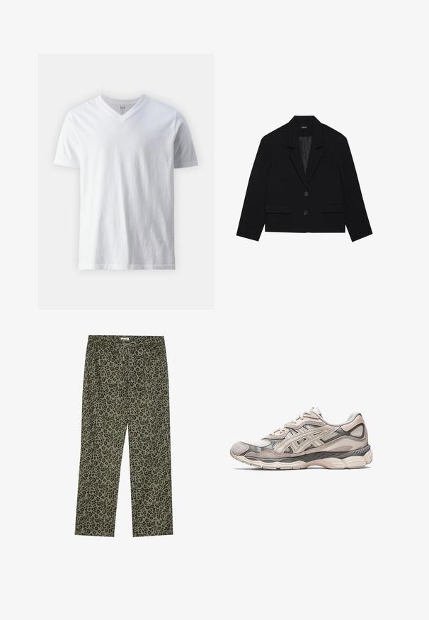 Black cropped blazer with a notched collar, two front pockets, and two button closure. Textured fabric with a smooth inner lining.; Black zip-up hoodie with a drawstring hood, front pockets, ribbed cuffs, and a smooth fabric texture. Central branding tag visible inside.; Short-sleeve, V-neck white T-shirt made of cotton. Features a plain design with a smooth texture and a relaxed fit.; Leopard print pants in olive green, made of soft fabric, with an elastic waistband and drawstring closure for an adjustable fit.; Light gray athletic shoe with a mesh and suede upper. Features a cushioned sole, pronounced overlays, and a structured design.