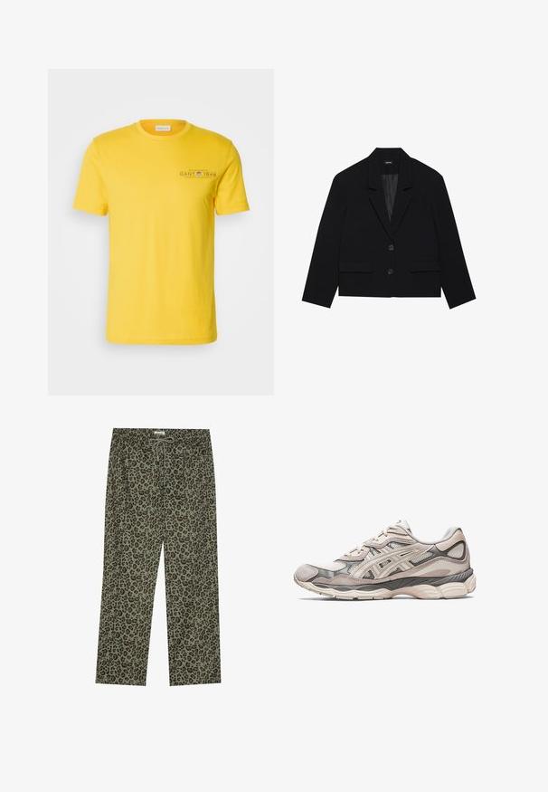Črn skrajšan blazer z izrezanim ovratnikom, dvema sprednjima žepoma in zapenjanjem na dva gumba. Teksturovana tkanina z gladkim notranjim podlogo.; Črna zip-up kapuca z vrvico pri kapuci, sprednjimi žepi, rebrastimi manšeti in gladkim materialom. Osrednja oznaka blagovne znamke je vidna znotraj.; Rumena bombažna majica s kratkimi rokavi in okroglim ovratnikom, z natisnjenim logotipom na levi prsni strani, ki se ponaša z gladko teksturo in sproščenim dizajnom.; Hlače z leopardjim vzorcem v olivno zeleni barvi, narejene iz mehkega materiala, z elastičnim pasom in vrvico za prilagodljivo prileganje.; Svetlo sivi atletski čevelj z zgornjim delom iz mreže in semiša. Ima oblazinjen podplat, izrazite sloje in strukturirano zasnovo.