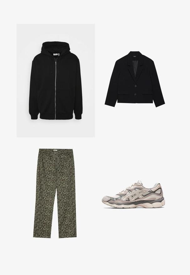 Fekete cropped blézer, éles nyakkal, két elülső zsebbel és két gombos záródással. Textúrált anyag sima belső béléssel.; Fekete cipzáras kapucnis pulóver húzózsinórral, elülső zsebekkel, bordázott mandzsettákkal és sima anyagtextúrával. Középső márkázási címke látható belül.; Fekete bordázott ujjatlan felső, kerek nyakkivágással és fehér kör alakú logóval a mellrészen; fitted fazonú.; Olívazöld leopárdmintás nadrág, puha anyagból készült, rugalmas derékkal és húzózsinórral a szabályozható illeszkedés érdekében.; Világosszürke sportcipő, hálós és velúr felsőrésszel. Kényelmes talppal, hangsúlyos díszítésekkel és strukturált dizájnnal rendelkezik.