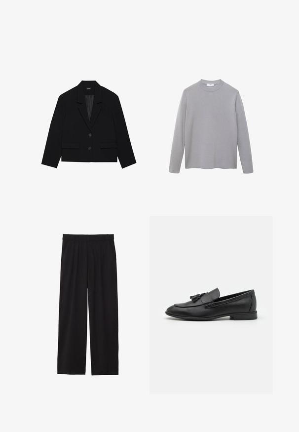 Čierny krátky blazer s klopovým golierom, dvoma prednými vreckami a uzáverom na dva gombíky. Textúrovaná tkanina s hladkým vnútorným podšívkou.; Hnedý dlhý rukáv s mäkkou, hladkou látkou. Má okrúhly výstrih, minimalistický dizajn a rovný spodný okraj bez ďalších ozdôb.; Čierne široké nohavice so skladaným predným dielom, bočnými vreckami a hladkým textilným povrchom. Navrhnuté na voľný strih.; Čierne kožené mokasíny s hladkým povrchom, s деталишесkým štítkom na prednej časti, zaoblenou špicou a nízkym podpätkom. Jednoduchý a elegantný dizajn.