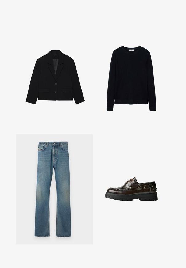 Mustahuulinen lyhyt blazer, jossa on viistoreunainen kaulus, kaksi etutaskua ja nappikiinnitys. Kuosillinen kangas, jossa on sileä sisävuori.; Musta ribattu pitkähihainen neule pään yli -kauluksella ja hienovaraisella tekstuurilla. Suljetut hihansuut ja helma lisäävät sen rakenteellista muotoilua.; Siniset farkut suoran lahkeen muotoilulla, jossa on lievä haalistuma, etutaskut ja nappikiinnitys vyötäröllä.; Ruskea nahkainen venehepo, jossa on kumipohja, ompelu yksityiskohtia, metalliset rei'itykset ja nauhoitussuunnittelu. Raskas, mutta kevyt rakenne.