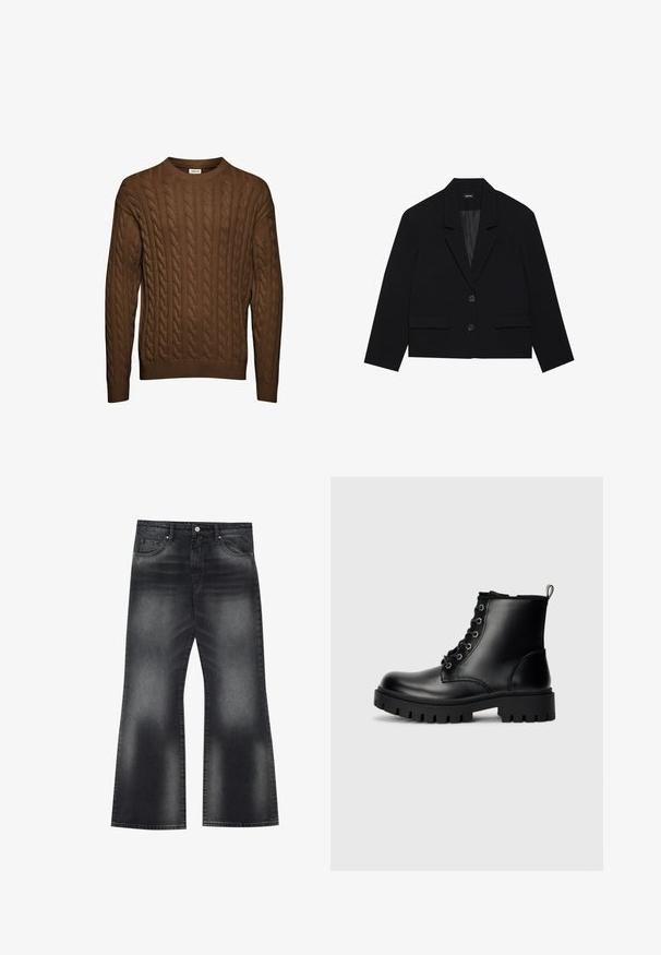 Černá zkrácená sako s klopovým límcem, dvěma předními kapsami a uzavřením na dva knoflíky. Texturovaná tkanina s hladkou vnitřní podšívkou.; Hnědý svetr s pleteným vzorem, kulatým výstřihem, pružnými manžetami a lemem. Obsahuje vertikální texturované vzory po celém povrchu. Vyrobeno z měkkého materiálu.; Černé džínové zvonové kalhoty se zesvětleným omytem, pěti kapsami a kontrastním prošíváním, se mírně širokým zakončením nohavic.; Černé kožené kotníkové boty s kulatou špičkou, šněrováním a robustní, silnou podrážkou. Obsahují poutko na patě a stříbrné kovové doplňky.