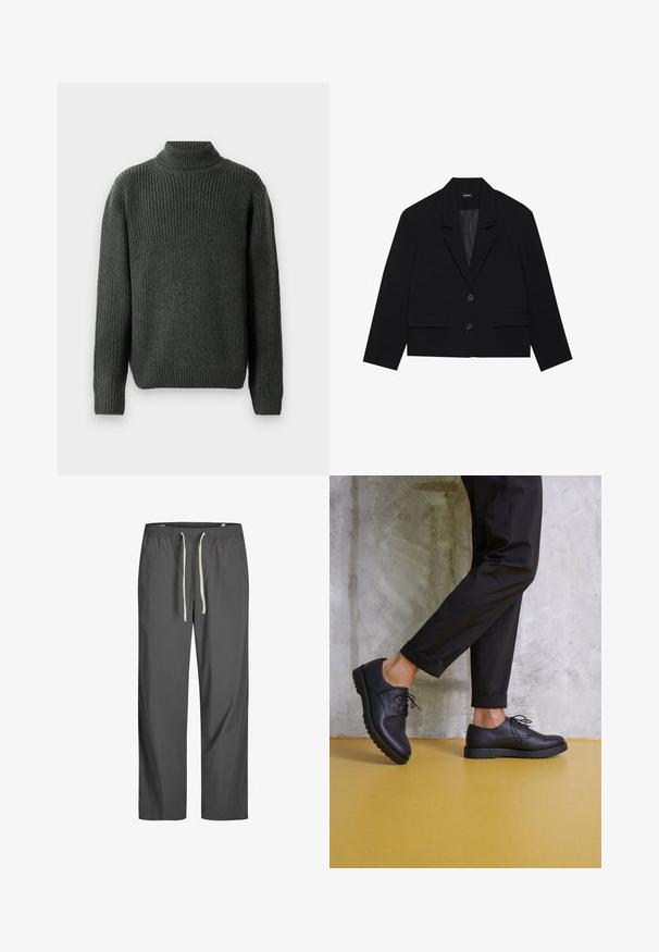 Blazer nero corto con colletto a punta, due tasche frontali e chiusura con due bottoni. Tessuto texture con una fodera interna liscia.; Maglione a collo alto di colore grigio scuro, realizzato a maglia, con texture a coste, maniche lunghe e orlo inferiore aderente. La vista posteriore mette in evidenza i dettagli delle cuciture.; Pantaloni leggeri grigi con vita elastica e cordoncino bianco. Design largo, texture liscia, senza motivi o accenti visibili.; Scarpe stringate in pelle nera con punta arrotondata, superficie testurizzata e suola in gomma spessa. Indossate con pantaloni neri arrotolati su uno sfondo di cemento.