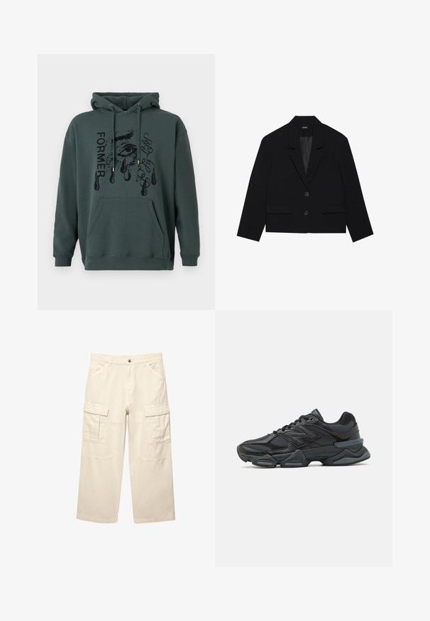 Blazer nero corto con colletto a punta, due tasche frontali e chiusura con due bottoni. Tessuto texture con una fodera interna liscia.; Felpa verde scuro realizzata in morbido tessuto, dotata di tasca frontale, cappuccio con cordino e grafica testuale con un design di occhio e lacrime.; Pantaloni cargo beige realizzati in cotone, con due tasche laterali, taglio dritto e dettagli cuciti in tutto il capo. Appaiono leggeri e resistenti.; Scarpa da corsa nera con una combinazione di materiali in rete e sintetici, suola spessa, design curvo e marchio ben visibile sul lato.