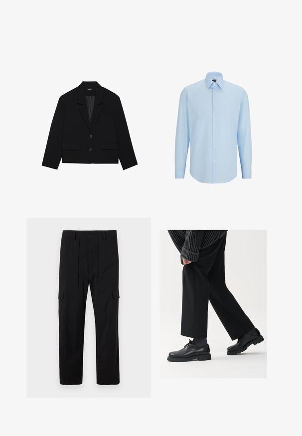 Črn skrajšan blazer z izrezanim ovratnikom, dvema sprednjima žepoma in zapenjanjem na dva gumba. Teksturovana tkanina z gladkim notranjim podlogo.; Svetlo modra dolga srajca z dolgimi rokavi, izdelana iz gladkega materiala, z gumbom spredaj, konicami ovratnika in običajnim krojem.; Črne cargo hlače iz lahkega blaga, s ravnim krojem, sprednjimi gubami, stranskimi žepi in gumbom za zapiranje.; Črne usnjene čEvlje s zaobljenim nosom, zavezovanjem in debelim, teksturiranim podplatom. Obute z urejenimi črnimi hlačami in rebrastim puloverjem.