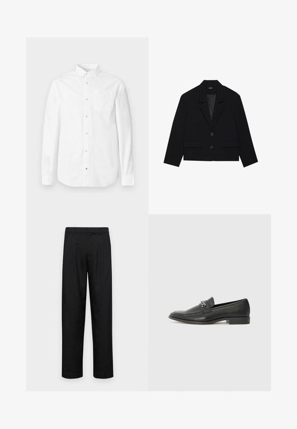 Črn skrajšan blazer z izrezanim ovratnikom, dvema sprednjima žepoma in zapenjanjem na dva gumba. Teksturovana tkanina z gladkim notranjim podlogo.; Bela bombažna srajca z dolgimi rokavi. Ima ovratnik z gumbi, sprednji žep in subtilno teksturo. Ravna linija spodnjega roba z zaponkami na gumbe.; Črne hlače iz gladkega materiala, s krojem ravne noge, dvema sprednjima pregiboma in standardnim pasom z zankami za pas.; Črni usnjeni loafer z gladko površino, ki ima šivano zasnovo in dekorativni kovinski verižni naglas preko vampirja. Ravno peto.