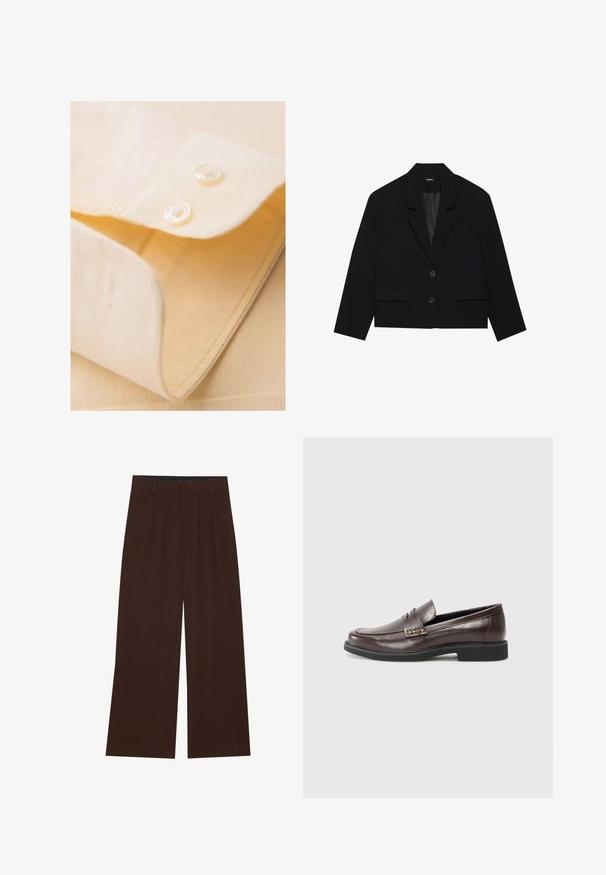 Mustahuulinen lyhyt blazer, jossa on viistoreunainen kaulus, kaksi etutaskua ja nappikiinnitys. Kuosillinen kangas, jossa on sileä sisävuori.; Vaaleankeltainen paidankaulus, jossa on kaksi valkoista nappia, tarkasti taitettu, sileä pinta ja hienot ompelut yksityiskohdat.; Ruske leve široke hlače z gubami. Narejene so iz gladkega blaga, z oblikovanim pasom in stranskimi žepi. Ravna obleka na dnu.; Ruske nahkasaappaat sileällä pinnalla, joissa on hienovarainen tikkaus yksityiskohtana yläpinnassa ja musta kumipohja.