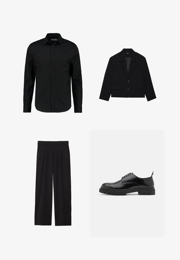 Blazer nero corto con colletto a punta, due tasche frontali e chiusura con due bottoni. Tessuto texture con una fodera interna liscia.; Cameretta nera a maniche lunghe realizzata in tessuto liscio, con chiusura a bottoni, colletto a punta e una vestibilità aderente con orlo curvo.; Pantaloni neri a gamba larga con frontale plissettato, tasche laterali e una texture di tessuto liscia. Progettati per un fit comodo.; Scarpe stringate in pelle nera con punta arrotondata, texture liscia e suola in gomma rigata. Presentano un piccolo tacco e un pratico cinturino sul retro.