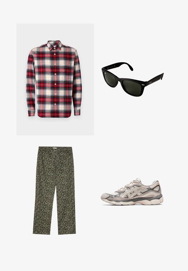 Black cropped blazer with a notched collar, two front pockets, and two button closure. Textured fabric with a smooth inner lining.; GAP STANDARD - Shirt - multi coloured; Leopard print pants in olive green, made of soft fabric, with an elastic waistband and drawstring closure for an adjustable fit.; Light gray athletic shoe with a mesh and suede upper. Features a cushioned sole, pronounced overlays, and a structured design.; Black plastic sunglasses with dark green lenses. Square frame design features silver accents and an embossed logo on the temple.