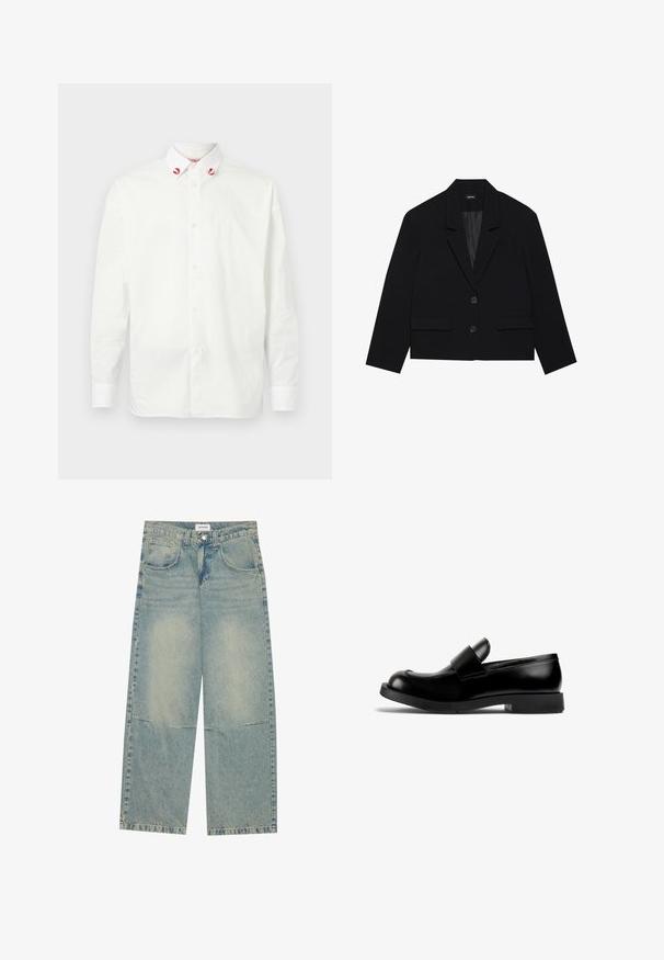 Mustahuulinen lyhyt blazer, jossa on viistoreunainen kaulus, kaksi etutaskua ja nappikiinnitys. Kuosillinen kangas, jossa on sileä sisävuori.; Valkoinen napillinen paita, joka on valmistettu puuvillasta ja jossa on klassinen kaulus. Kauluksen kärjissä on punaisia yksityiskohtia ja yksinkertainen muotoilu. Yksinkertainen rakenne.; Vaaleansinisiä leveälahkeisia farkkuja, joissa on kaksi etutaskua, napitus ja haalistunut pesu näkyvillä ompeleilla.; Mustat nahka loaferit pyöreällä varpaalla, tasaisella kumipohjalla ja näkyvällä hihnalla ettepuolella. Sileä pinta, minimalistinen muotoilu.